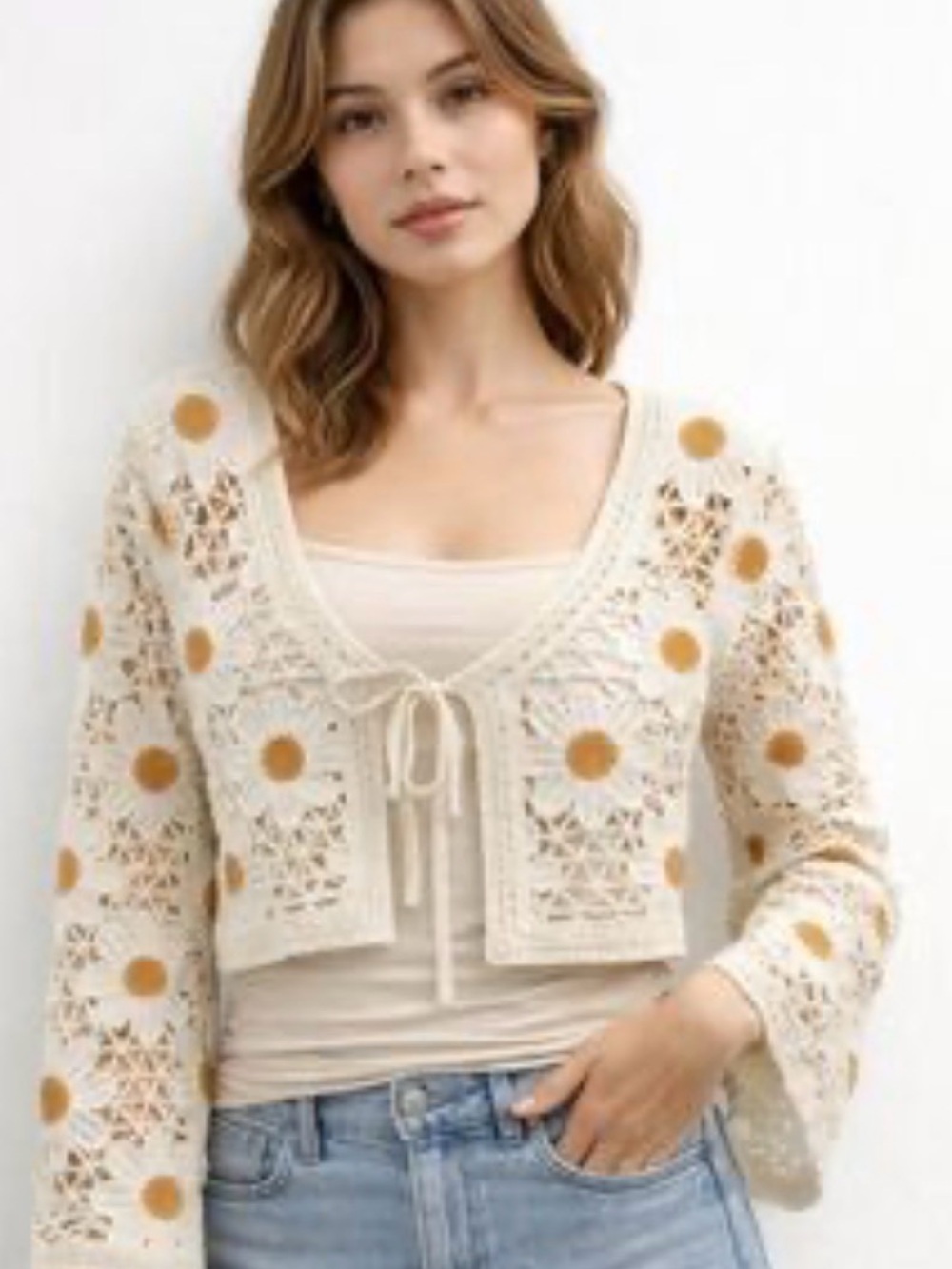 moon & madison Cream Crochet Daisy Tie-Front Cardigan with Yellow Accents